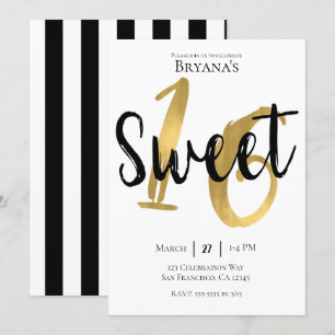 Black White Gold Modern Sweet 16 Birthday Party Invitation