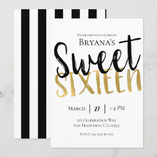 Black White Gold Modern Sweet 16 SIXTEEN Party Invitation