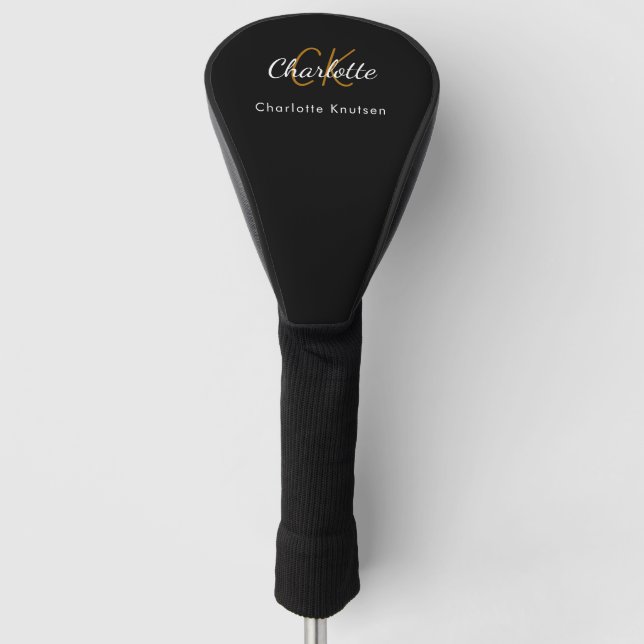 Black white gold monogram initials name golf head cover (Front)