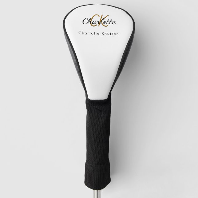Black white gold monogram initials name golf head cover (Front)