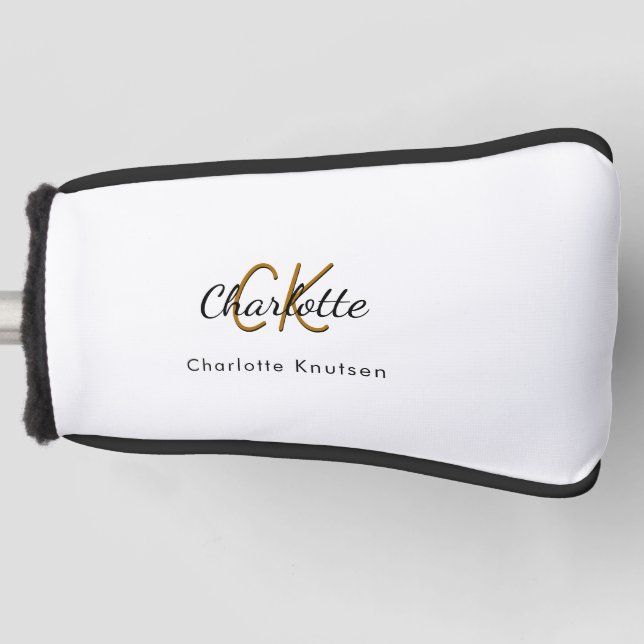 Black white gold monogram initials name golf head cover (Front)