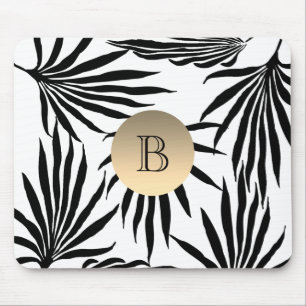 Black White Gold Monogram , Tropical Palm Tree Mouse Pad
