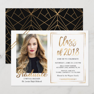 Black White Gold Photo Graduation Invitation
