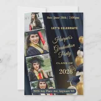 Black White & Gold Photo Graduation Party Invite