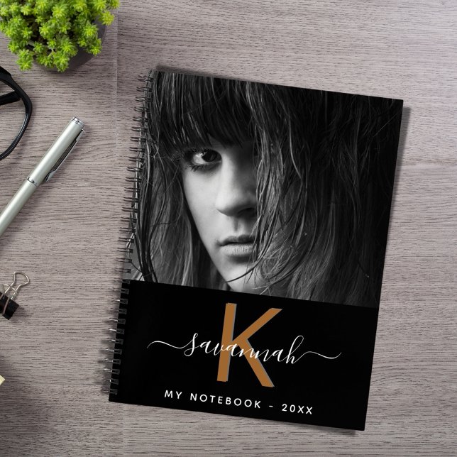 Black white gold photo monogram script notebook (Creator Uploaded)