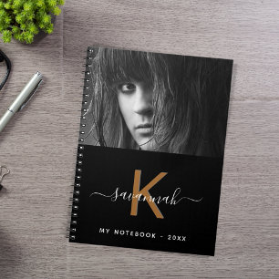 Black white gold photo monogram script notebook
