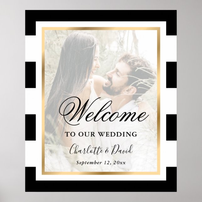 Black White Gold Photo Wedding Welcome Sign (Front)