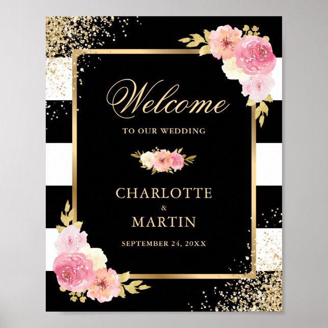 Black White Gold Pink Floral Wedding Welcome Sign (Front)