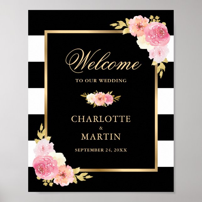 Black White Gold Pink Floral Wedding Welcome Sign (Front)