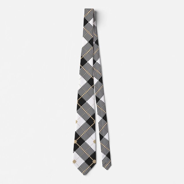 Black White Gold Plaid Men's Tie (Front)