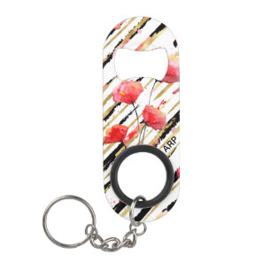 *~* Black White Gold Red Poppy Pattern Keychain Bottle Opener
