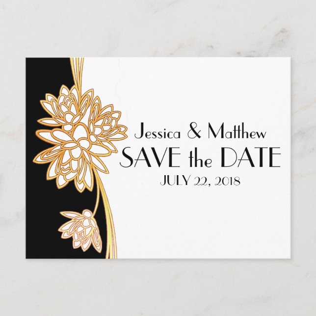 Black, White & Gold Save The Date Art Deco Announcement Postcard (Front)