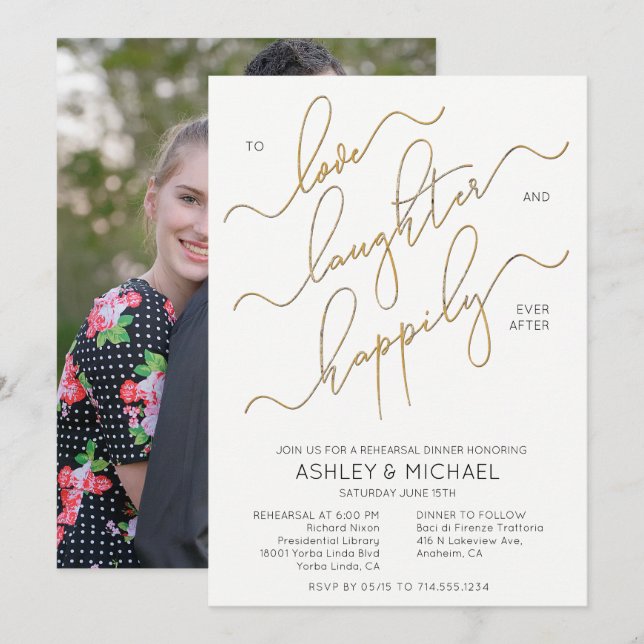 Black White Gold Script Photo Rehearsal Dinner Invitation (Front/Back)