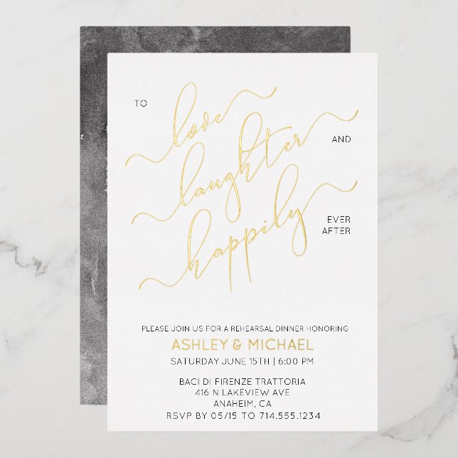 Black White Gold Script Rehearsal Dinner (Front/Back)