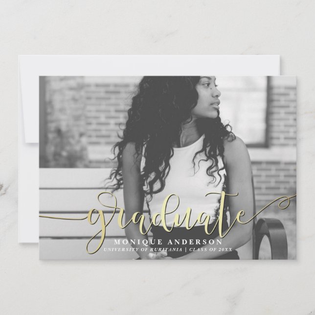 Black White & Gold Script & Stripes Graduate Photo Announcement (Front)