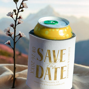 Black & White Gold Script Wedding Save The Date Can Cooler