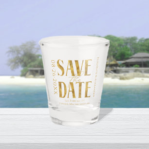Black & White Gold Script Wedding Save the Date Shot Glass
