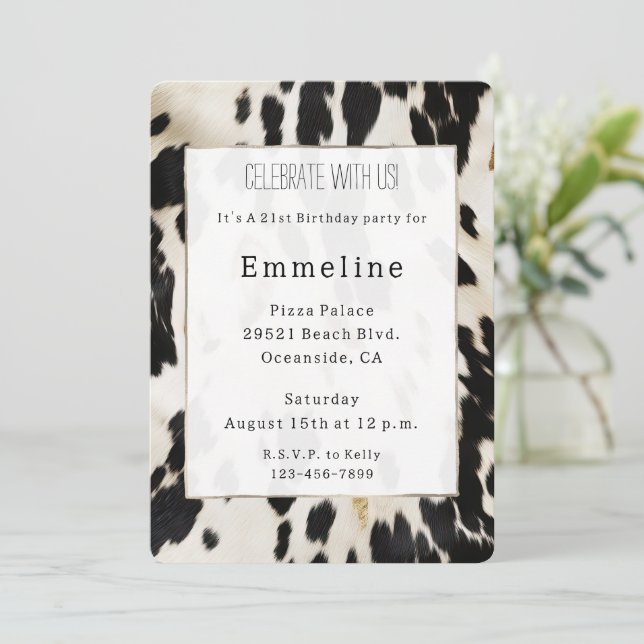 Black White Gold Southwest Cowhide Birthday Invitation (Standing Front)