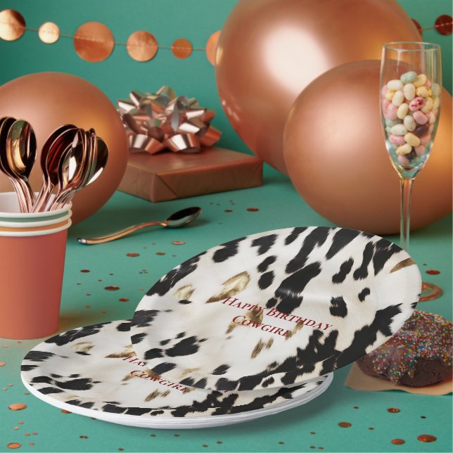 Black White Gold Southwest Cowhide Birthday Paper Plate (Multi)
