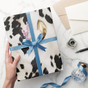 Black White Gold Southwest Cowhide Birthday Wrapping Paper
