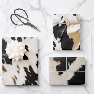 Black White Gold Southwest Cowhide Birthday Wrapping Paper Sheet