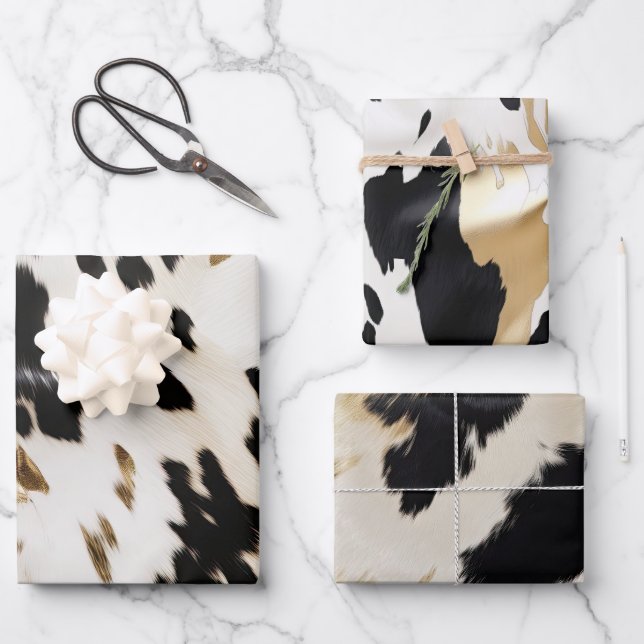 Black White Gold Southwest Cowhide Birthday Wrapping Paper Sheet (Front)