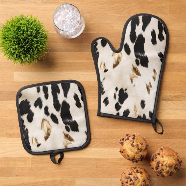 Black White Gold Southwest Cowhide  Oven Mitt & Pot Holder Set (Top Down)