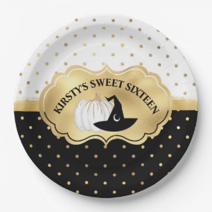 Black & White Gold Spots Halloween Sweet 16 Paper Plate