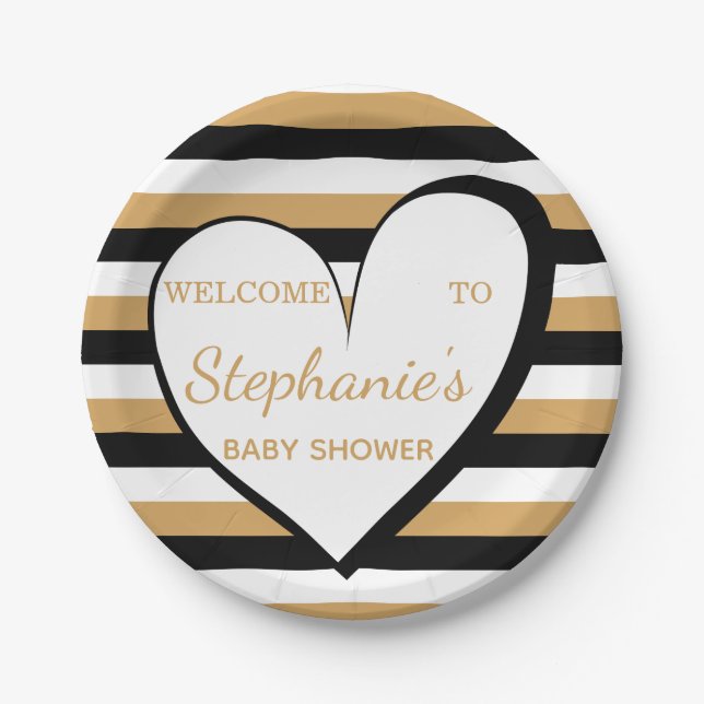 Black, White, Gold Stripes and Heart Baby Shower Paper Plate (Front)