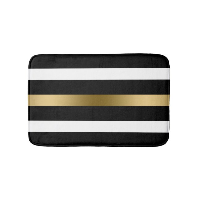 Black White Gold Stripes Bath Mat (Front)