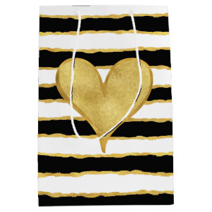 Black White Gold Stripes Heart Medium Gift Bag