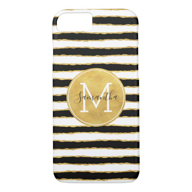 Black White Gold Stripes Monogram Case-Mate iPhone Case (Back)