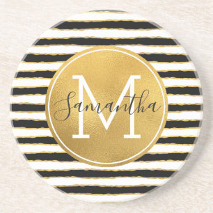 Black White Gold Stripes Monogram Coaster