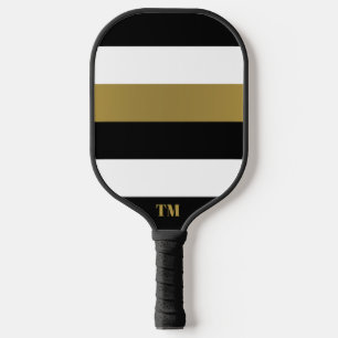 Black White Gold Stripes Monogram Pickleball Paddle