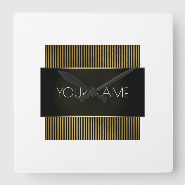 Black White Gold Stripes Urban Minimal Elegant Square Wall Clock (Front)