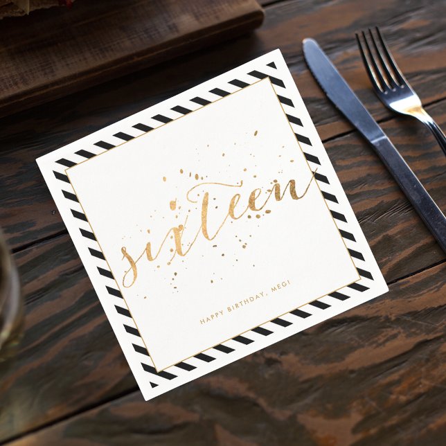 Black White Gold Sweet Sixteen 16th Birthday Napkin (Creator Uploaded)