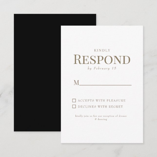 Black & White Gold Text Wedding RSVP Card (Front/Back)