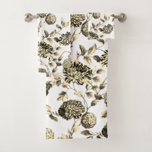 Black & White Gold Tone Vintage Botanical Floral Bath Towel Set