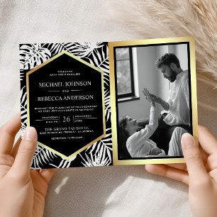 Black White Gold Tropical Palm QR Code Wedding Invitation