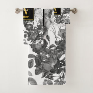 Black, White & Gold Vintage Floral Monogram Bath Towel Set