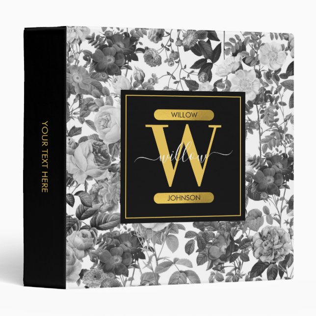 Black, White & Gold Vintage Floral Monogram  Binder (Front/Spine)
