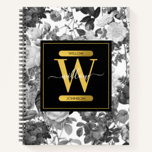 Black, White & Gold Vintage Floral Monogram Notebook