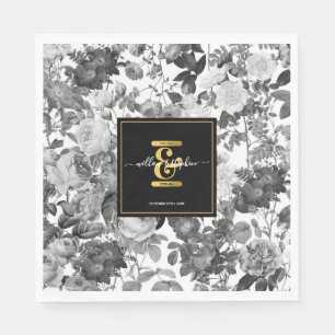 Black, White Gold Vintage Floral Monogram Wedding Napkin