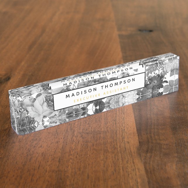 Black, White & Gold Vintage Floral Professional Nameplate (Side)