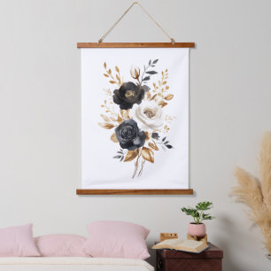 Black White Gold Watercolor Florals Hanging Tapestry
