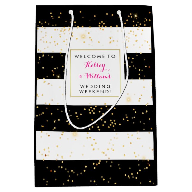 Black White Gold Wedding Out of Town Guest Welcome Medium Gift Bag (Front)