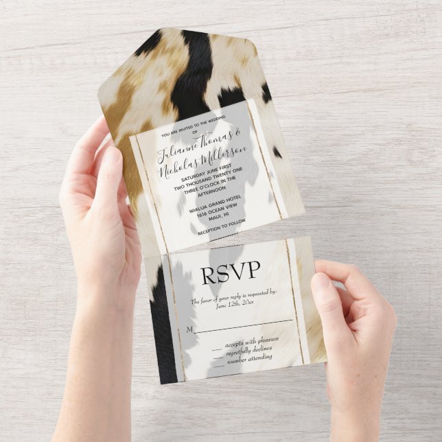 Black White Gold Western Cowhide All In One Invitation (Tearaway)