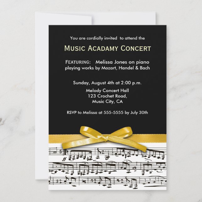 Black white & gold yellow musical concert recital invitation (Front)