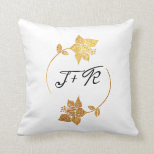 Black White Golden Flower Monogram Initial Wreath Throw Pillow