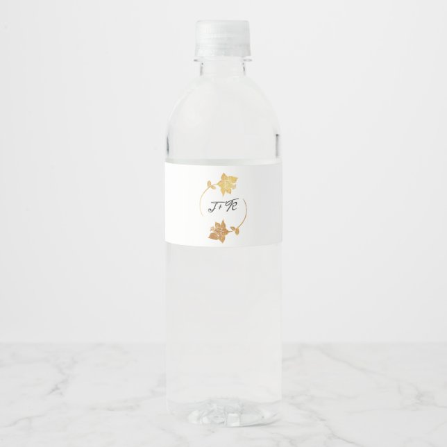 Black White Golden Flower Wreath Monogram Initial Water Bottle Label (Front)